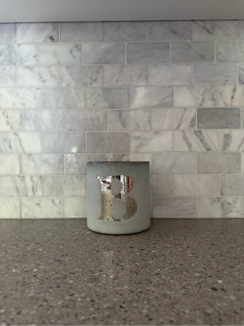 Monogram 'B' Decorative Ceramic Candle Holder - White and Silver